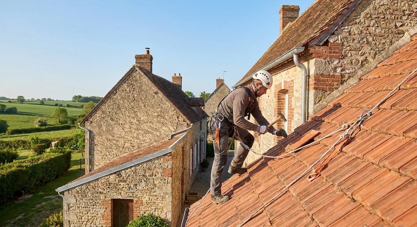 Couvreur professionnel en &eacute;quipement de s&eacute;curit&eacute; complet (casque, harnais, gants) travaillant en hauteur sur une toiture en tuiles d'une maison ancienne. L'artisan pose ou r&eacute;pare des tuiles avec des outils de couvreur (marteau, ciseau). En arri&egrave;re-plan, on distingue clairement un b&acirc;timent r&eacute;sidentiel typique de milieu rural ou p&eacute;ri-urbain, des chemin&eacute;es et une goutti&egrave;re. La sc&egrave;ne se d&eacute;roule en lumi&egrave;re naturelle, montrant le professionnalisme et la rigueur du travail en hauteur.