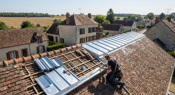 Photographie a&eacute;rienne ou vue en l&eacute;g&egrave;re plong&eacute;e d'un d&eacute;tail de toiture en cours de r&eacute;novation, montrant un artisan couvreur ou zingueur en action sur un toit en tuiles ou ardoises dans un contexte rural des Yvelines. L'image doit mettre en &eacute;vidence les travaux en cours (pose de goutti&egrave;res, r&eacute;paration de solins, traitement de mousses) avec les outils du m&eacute;tier visibles. Ciel d&eacute;gag&eacute;, journ&eacute;e ensoleill&eacute;e. Composition nette et professionnelle mettant l'accent sur le savoir-faire et la r&eacute;activit&eacute; du professionnel local intervenant dans la r&eacute;gion.