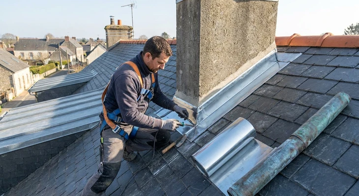 Ouvrier couvreur installant des tuiles terre cuite rouge sur charpente bois, travaux de toiture en cours sous ciel bleu